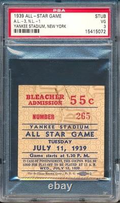 1939 MLB All Star Game Ticket Stub Bleachers Yankee Stadium, New York PSA 3