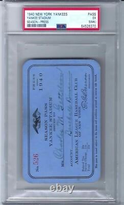 1940 N. Y. Yankees Season Press Pass Ticket Yankee Stadium Joe DiMaggio PSA 5