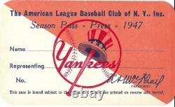 1947 New York Yankee Stadium Press Season Ticket Pass World Champ/DiMaggio MVP