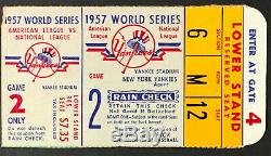 1957 World Series Game 2 Ticket Yankee Stadium New York vs Milwaukee Braves MLB
