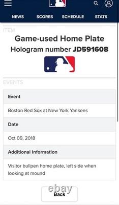 2018 Yankees vs Red Sox Game Used Homeplate Yankee Stadium ALDS Bullpen MLB COA