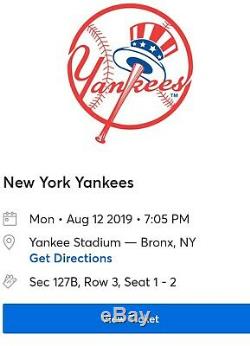 2 Yankees Orioles 8/12 705 pm Section 127B Row 3 Aisle Seats