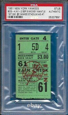 NEW YORK YANKEES Ticket Stub MICKEY MANTLE 1st Game @ Yankee Stadium As #7 PSA