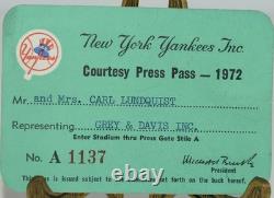 New York Yankees 1972 Press Pass For Yankee Stadium. Card Number A 1137