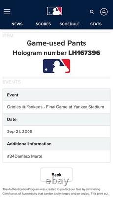 New York Yankees Damaso Marte Game Used Pants Final Game Yankee Stadium 9/21/08