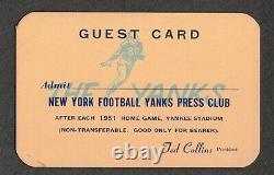 Original 1951 New York Yanks Football Press Club Pass Ticket, NFL Yankee Stadium