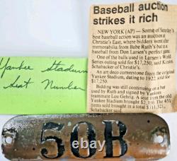 Original Yankee Stadium Seat Number Plate 50B + Period Newspaper Clipping