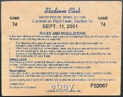 September 11th 2001 New York Yankees Stadium Club Ticket Historic Original MLB