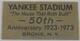 Vintage Yankee Stadium 50th Anniversary Metal Seat Plaque 1923-1973 Mlb