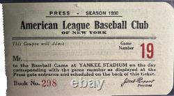 YANKEES STADIUM VERY RARE RUTH GEHRIG ORIGINAL 1930 GAME 19 PRESS PASS WithPSA