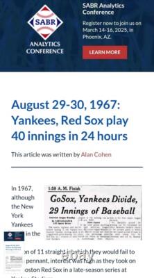 Yankees Red Sox Play 40 Innings in 24 Hrs Longest Gm Stadium History 1967 Ticket